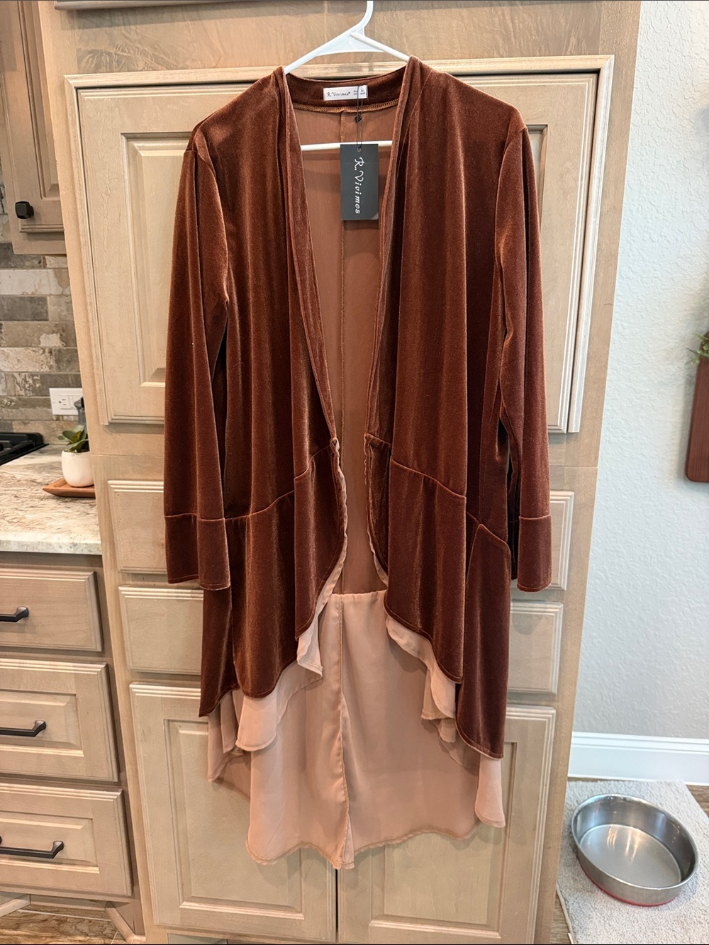 Brown Velvet Cascade Open-Front jacket with Blush Lining